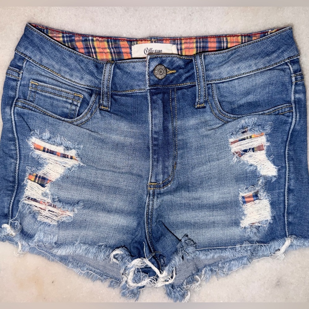 Cello Limited Edition Distressed Blue Denim Women's Shorts with Plaid Accent